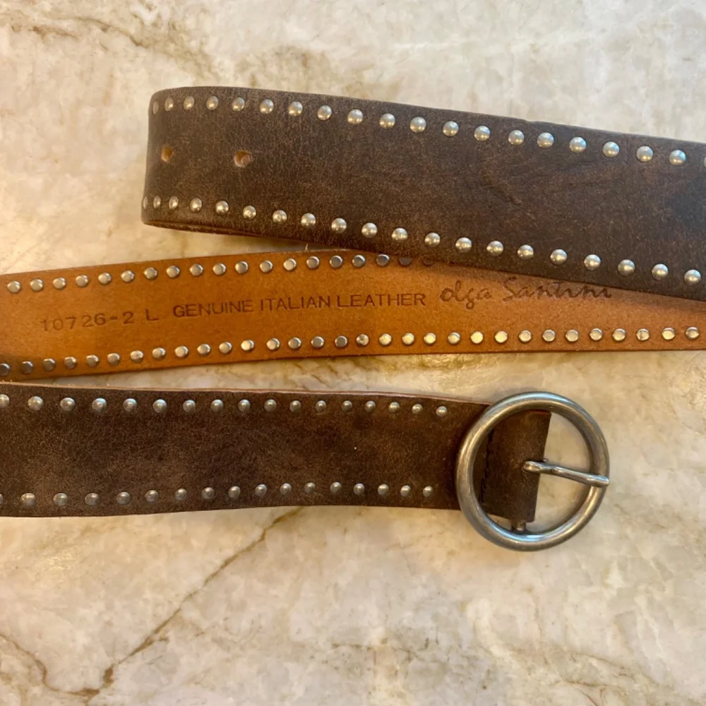 Olga Santini Womens Leather Studded Belt Brown Silver Italy Large - Picture 2 of 8